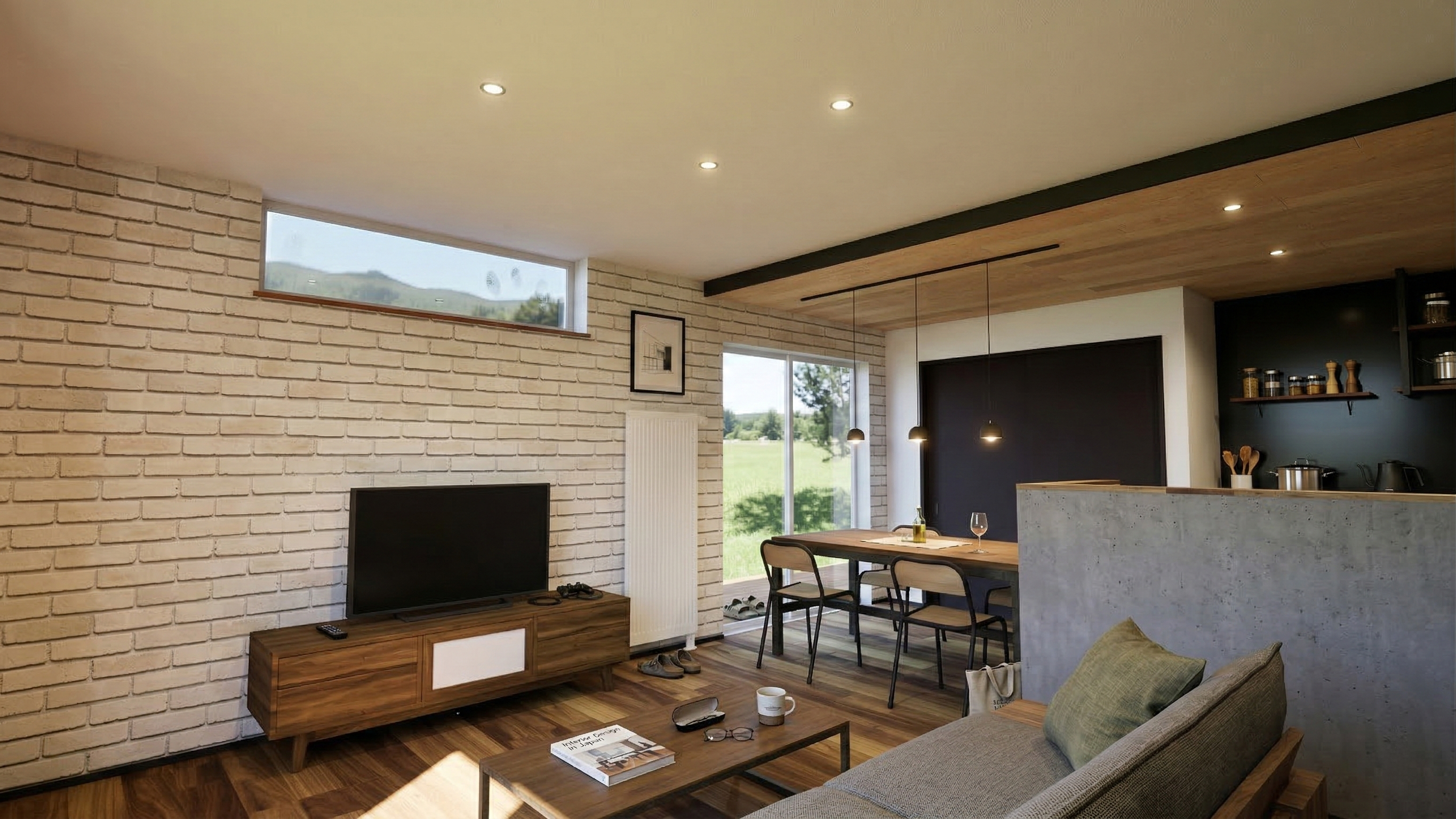 小樽市緑の完成見学会 会場LDK（自然素材×レンガ）